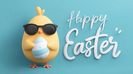 Cartoon chick wearing sunglasses holding easter egg with happy easter greeting