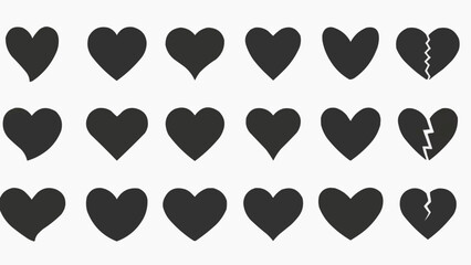 Black heart shape icons set. Love day valentine icons. Isolated vector silhouettes stock illustration