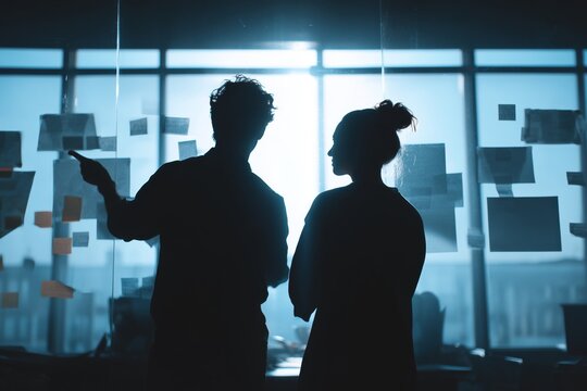 Silhouetted colleagues collaborating in office with sticky notes on glass wall - Powered by Adobe