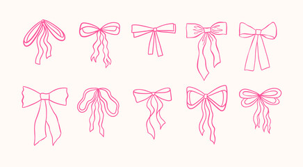 Bows set line drawing. Whimsical bow collection, hand drawn illustrations, vintage outline pink bows