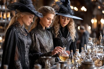 Three witches mixing potions in a mystical apothecary during a moonlit night