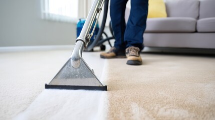 Professional carpet cleaner using a powerful vacuum to deep clean a light-colored carpet in a cozy living room, showcasing effective cleaning techniques and home maintenance