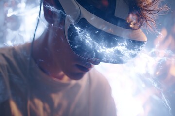 Young caucasian male immersed in virtual reality with futuristic vr headset