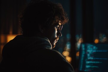Young caucasian male programmer working at night with computer screen code