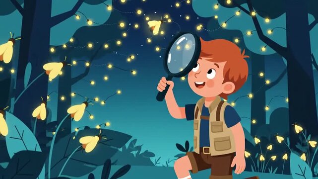 Exploring The Enchanted Forest Boy Discovering Fireflies With Magnifying Glass Cartoon Style