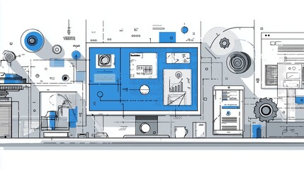 Abstract technology workspace with digital interface and blueprint elements