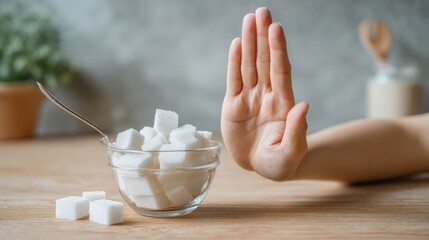 Hand raised in refusal gesture near a bowl of sugar cubes on a wooden table, symbolizing healthy lifestyle choices and the importance of reducing sugar intake for well-being