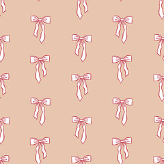 Bows on beige background seamless pattern. Whimsical coquette backdrop, print, packaging, wallpaper