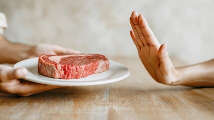 Hands presenting a raw steak on a white plate, while another hand gestures a refusal, illustrating dietary choices and preferences in a modern dining setting