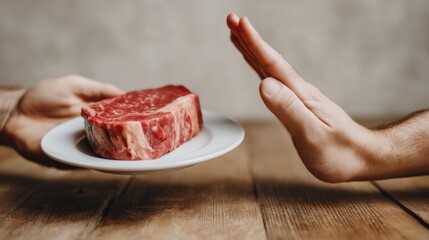 Hands rejecting a plate of raw meat, symbolizing dietary choices and lifestyle preferences, with a rustic wooden table setting enhancing the scene's ambiance and context