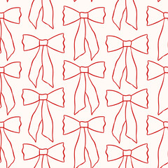 Red bows vector seamless pattern. Whimsical coquette background, print, packaging design, wallpaper