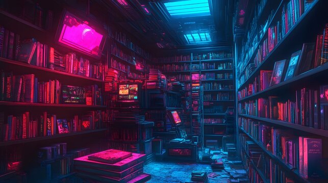 Sci fi library interior neon glow high resolution picture