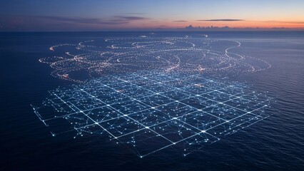 Aerial view of city at dusk with network grid overlay