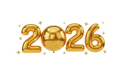 Gold balloons with the number 2026 and a disco ball in the center surrounded by small stars.
