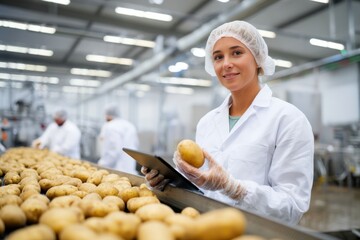 Woman agricultural worker in white lab coat, holding potato while using tablet, surrounded by fresh produce in a processing facility, showcasing quality control in food production