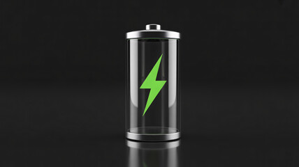 Battery with green lightning bolt on black background