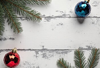 Festive christmas scene with red and blue ornaments on rustic wooden background