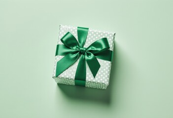 Green polka dot gift box with ribbon on solid background