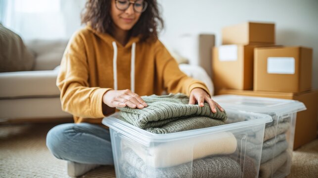 Young woman with curly hair in cozy sweater organizes folded sweaters in clear storage bins, surrounded by cardboard boxes, creating a tidy living space for seasonal clothing
