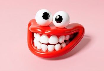 Playful red toy with googly eyes and teeth on pink background