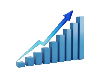 3d bar graph showcasing positive growth trend with upward arrow isolated on transparent background