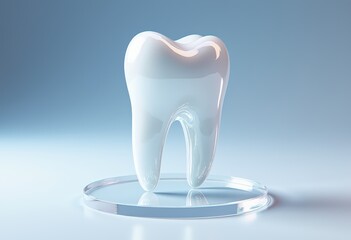 Shiny reflective tooth model on glass surface with blue background
