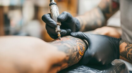 Tattoo artist with black gloves is applying intricate designs on a client's forearm in a vibrant tattoo studio, showcasing the artistry and precision of body ink