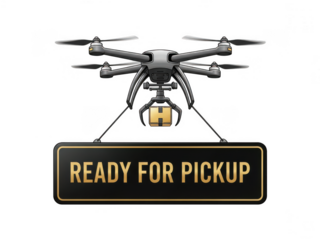 Drone carrying package ready for pickup isolated on transparent background