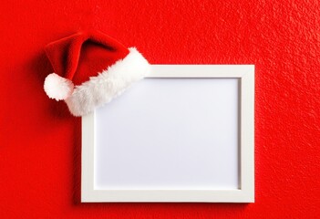 Santa hat on blank white frame against bright red wall