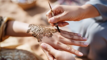 Henna tattoo application on a woman's hand, showcasing intricate designs and patterns, with a warm outdoor setting and soft natural light, highlighting cultural artistry and tradition