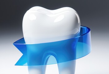 Glossy tooth enveloped by transparent blue ribbon on gray background