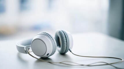 White headphones resting on a light surface, showcasing sleek design and modern aesthetics, ideal for music lovers and audio enthusiasts seeking quality sound experience