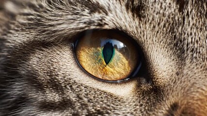Close-up macro shot of a cat's golden eye with green pupil, detailed fur texture