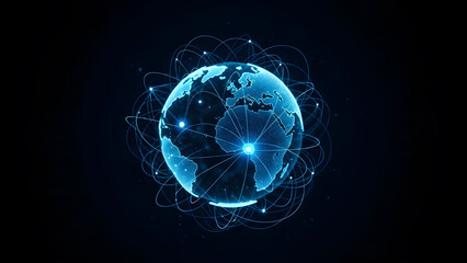Global network connection with blue Earth hologram and glowing lines on dark background