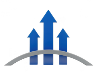 Three blue arrows on a graph representing growth and progress isolated on transparent background