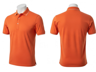 A bright orange polo shirt displayed on a mannequin from front and back views isolated on transparent background