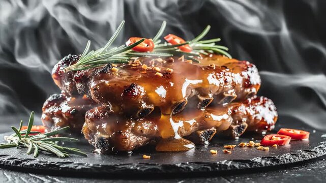 Smoked Barbecue Ribs - Close-up shot of smoked barbecue ribs on a dark slate plate, garnished with fresh rosemary and chili peppers.