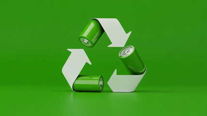 Recycling symbol with green batteries on green background