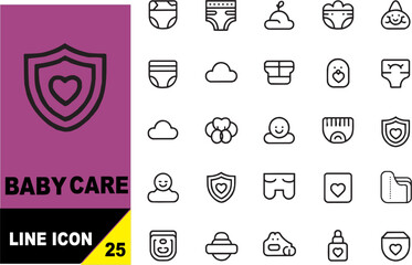 Baby care line editable icon set. Includes infant items, protection, childcare, parenting and newborn symbols. Editable stroke. Vector illustration.