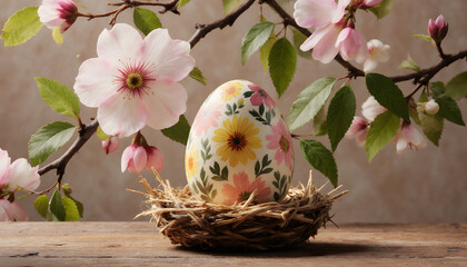 Hand-painted Easter egg with floral patterns in straw nest and flowers  
