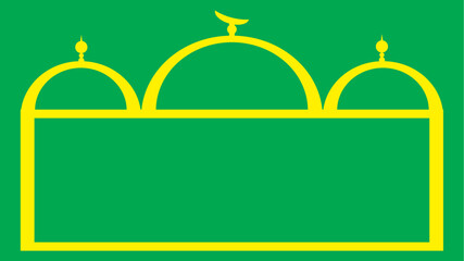 Yellow outline of a mosque with three domes on a green background, representing Islamic architecture.
