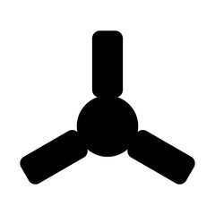 Simple black silhouette icon of a three-bladed ceiling fan, representing cooling, air circulation, and home comfort.
