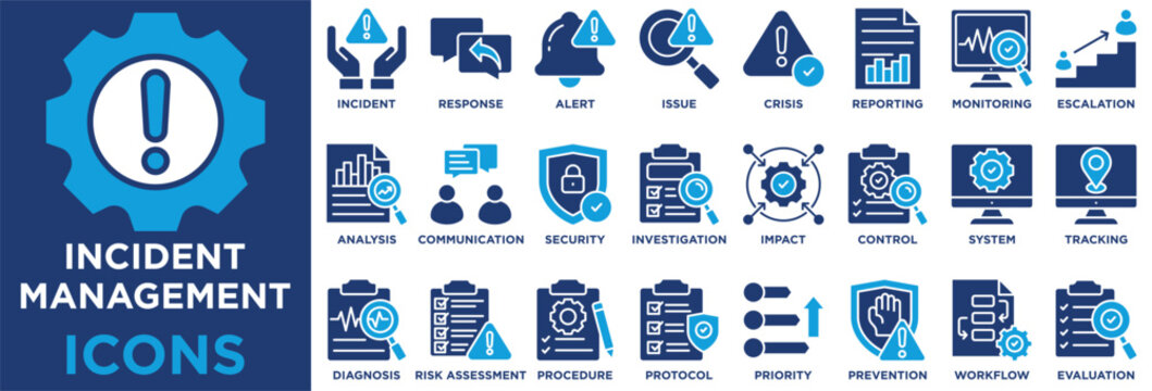 Incident Management icon collection set. Containing incident,response,alert,issue,crisis,reporting,monitoring,resolution,escalation,priority,impact icon