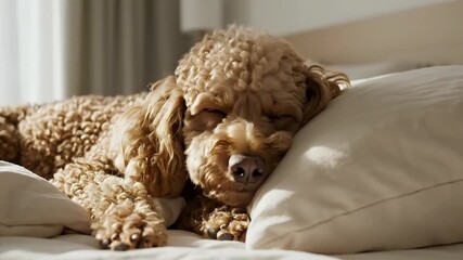 Cute Goldendoodle Dog Sleeping Comfortably on White Bed Luxury Lifestyle Pet Relaxation Cozy Home Interior Stock Video Footage