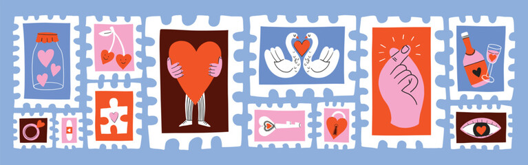 Saint Valentine's Day vector post stamps sticker elements set. Collection of cute groovy funky cartoon illustration with different romantic objects swans, ring, heart, hand, 14 February design concept