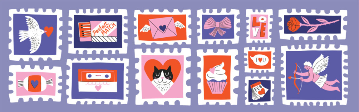 Saint Valentine's Day vector post stamps sticker elements set. Collection of cute groovy funky cartoon illustration with different romantic objects dove, cupid, heart, arrow, 14 February concept