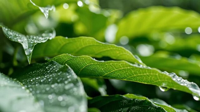 Dew Drops on Lush Green Leaves - A macro shot captures the beauty of nature with lush green leaves adorned with glistening dew drops after a refreshing rain.