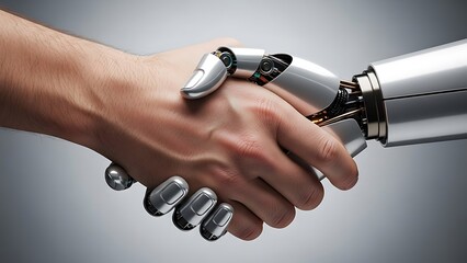 Human hand shaking robotic arm with metallic exoskeleton