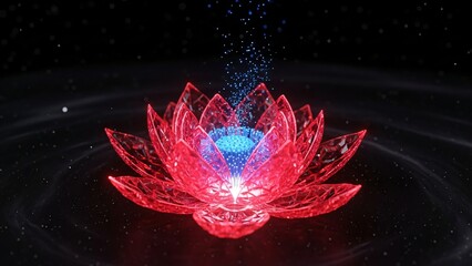 Glowing red lotus flower in space with stardust