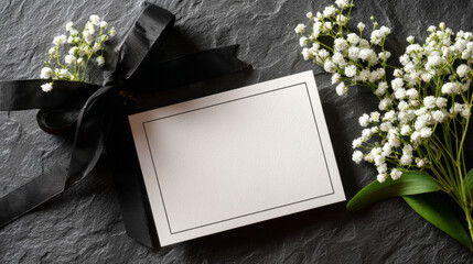 Blank Memorial Card Decorated with Black Ribbon and White Flowers on Slate Surface